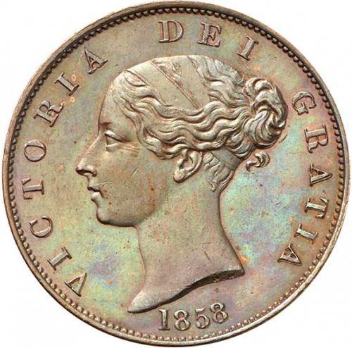 Halfpenny Obverse Image minted in UNITED KINGDOM in 1858 (1837-01  -  Victoria)  - The Coin Database