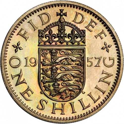 Shilling Reverse Image minted in UNITED KINGDOM in 1957E (1953-70  -  Elizabeth II)  - The Coin Database
