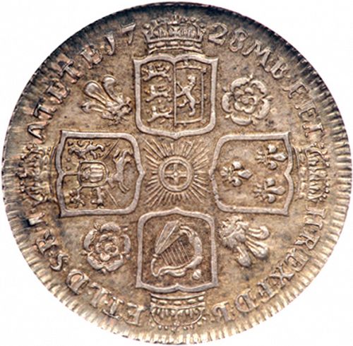 Shilling Reverse Image minted in UNITED KINGDOM in 1728 (1727-60 - George II)  - The Coin Database