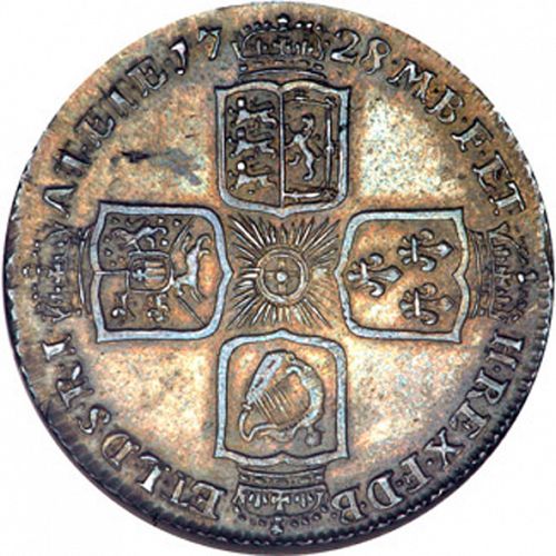 Shilling Reverse Image minted in UNITED KINGDOM in 1728 (1727-60 - George II)  - The Coin Database