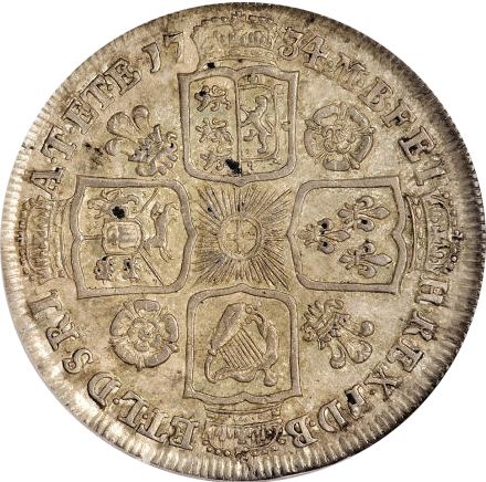Shilling Reverse Image minted in UNITED KINGDOM in 1734 (1727-60 - George II)  - The Coin Database
