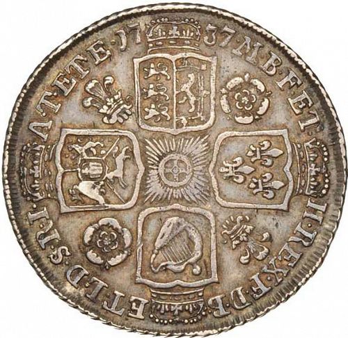 Shilling Reverse Image minted in UNITED KINGDOM in 1737 (1727-60 - George II)  - The Coin Database