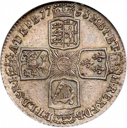 Shilling Reverse Image minted in UNITED KINGDOM in 1758 (1727-60 - George II)  - The Coin Database