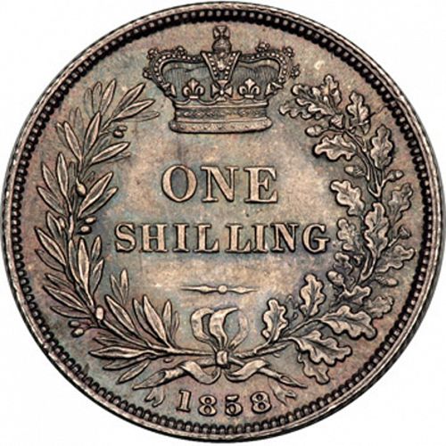 Shilling Reverse Image minted in UNITED KINGDOM in 1858 (1837-01  -  Victoria)  - The Coin Database
