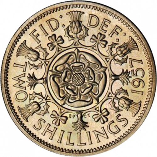 Florin Reverse Image minted in UNITED KINGDOM in 1957 (1953-70  -  Elizabeth II)  - The Coin Database