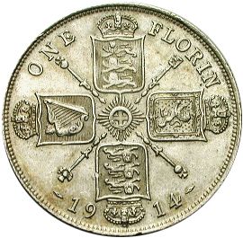 Florin Reverse Image minted in UNITED KINGDOM in 1914 (1910-36  -  George V)  - The Coin Database