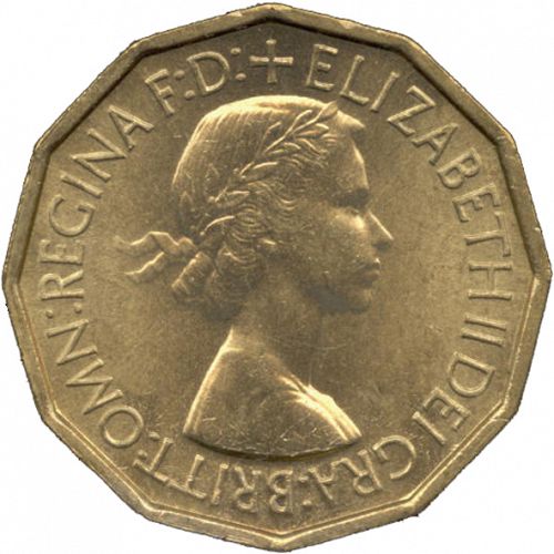 Threepence Obverse Image minted in UNITED KINGDOM in 1953 (1953-70  -  Elizabeth II)  - The Coin Database