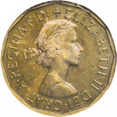 Threepence Obverse Image minted in UNITED KINGDOM in 1954 (1953-70  -  Elizabeth II)  - The Coin Database