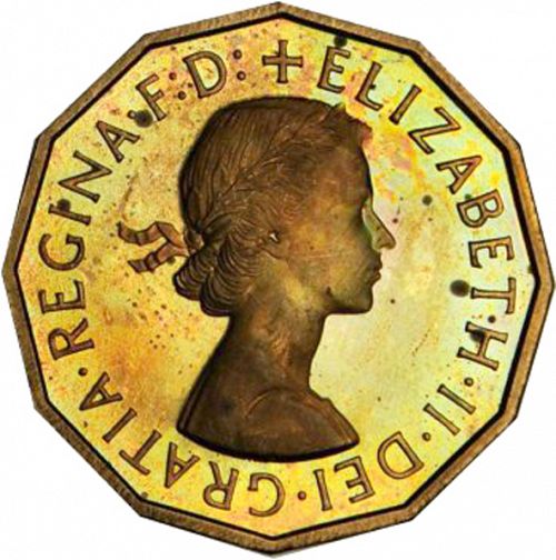 Threepence Obverse Image minted in UNITED KINGDOM in 1957 (1953-70  -  Elizabeth II)  - The Coin Database