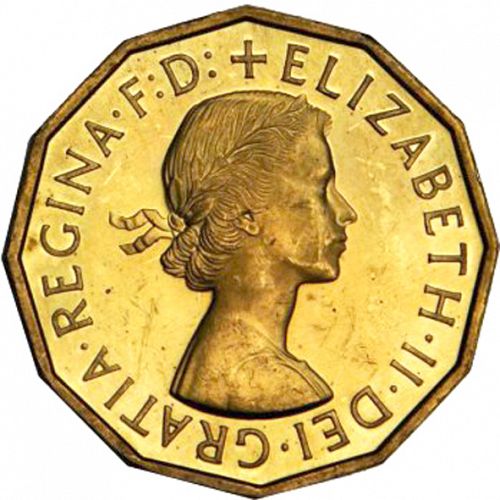 Threepence Obverse Image minted in UNITED KINGDOM in 1958 (1953-70  -  Elizabeth II)  - The Coin Database
