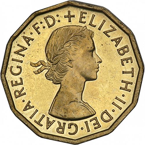 Threepence Obverse Image minted in UNITED KINGDOM in 1960 (1953-70  -  Elizabeth II)  - The Coin Database