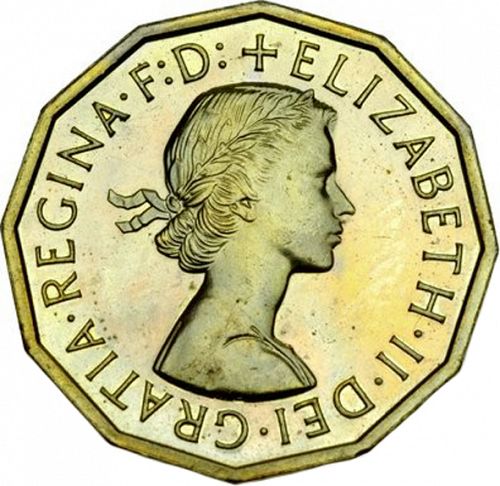 Threepence Obverse Image minted in UNITED KINGDOM in 1962 (1953-70  -  Elizabeth II)  - The Coin Database