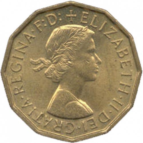 Threepence Obverse Image minted in UNITED KINGDOM in 1964 (1953-70  -  Elizabeth II)  - The Coin Database