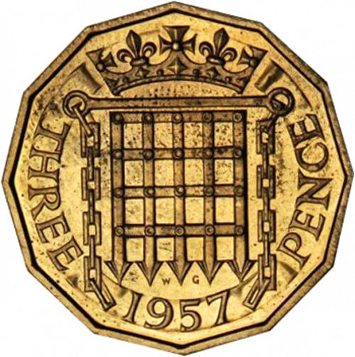 Threepence Reverse Image minted in UNITED KINGDOM in 1957 (1953-70  -  Elizabeth II)  - The Coin Database