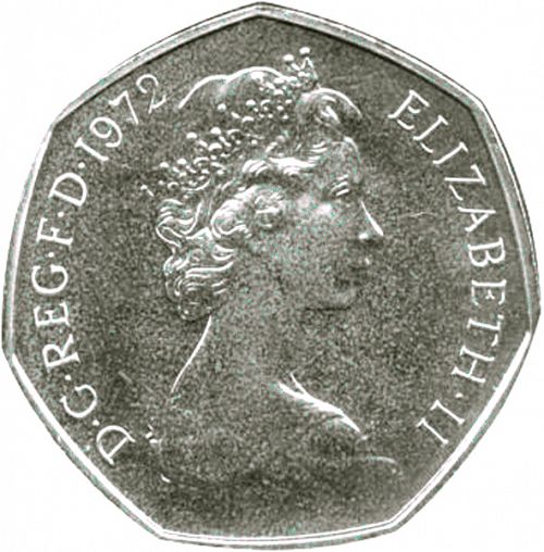 50p Obverse Image minted in UNITED KINGDOM in 1972 (1971-up  -  Elizabeth II - Decimal Coinage)  - The Coin Database