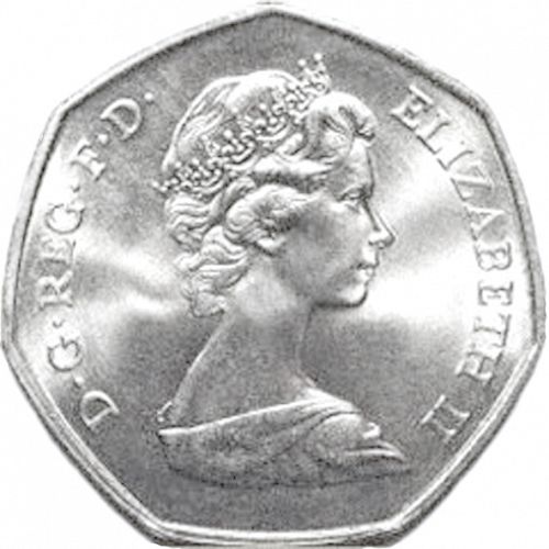 50p Obverse Image minted in UNITED KINGDOM in 1973 (1971-up  -  Elizabeth II - Decimal Coinage)  - The Coin Database