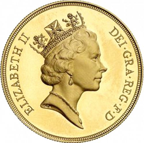 Five Pounds Obverse Image minted in UNITED KINGDOM in 1990 (1953-up  -  Elizabeth II - Sovereign)  - The Coin Database