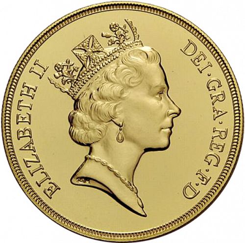 Five Pounds Obverse Image minted in UNITED KINGDOM in 1990 (1953-up  -  Elizabeth II - Sovereign)  - The Coin Database