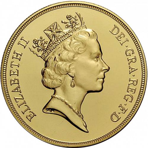Five Pounds Obverse Image minted in UNITED KINGDOM in 1991 (1953-up  -  Elizabeth II - Sovereign)  - The Coin Database