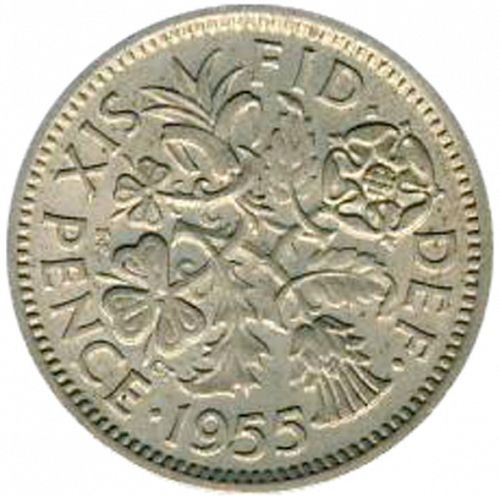 Sixpence Reverse Image minted in UNITED KINGDOM in 1955 (1953-70  -  Elizabeth II)  - The Coin Database