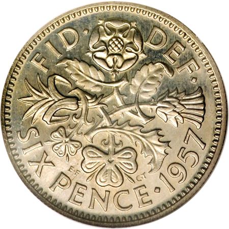 Sixpence Reverse Image minted in UNITED KINGDOM in 1957 (1953-70  -  Elizabeth II)  - The Coin Database