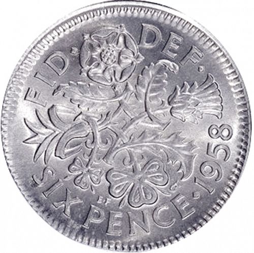 Sixpence Reverse Image minted in UNITED KINGDOM in 1958 (1953-70  -  Elizabeth II)  - The Coin Database