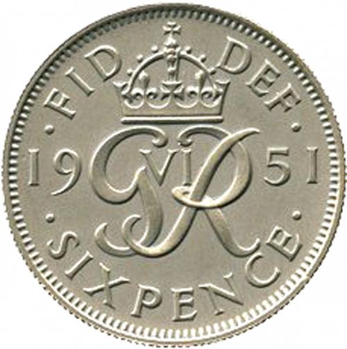 Sixpence Reverse Image minted in UNITED KINGDOM in 1951 (1937-52 - George VI)  - The Coin Database