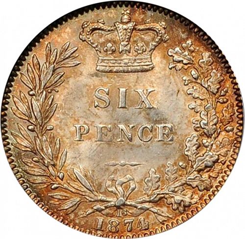 Sixpence Reverse Image minted in UNITED KINGDOM in 1874 (1837-01  -  Victoria)  - The Coin Database