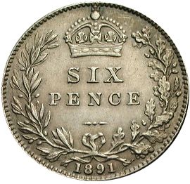 Sixpence Reverse Image minted in UNITED KINGDOM in 1891 (1837-01  -  Victoria)  - The Coin Database