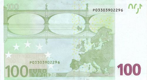 100 € Reverse Image minted in · Euro notes in 2002P (1st Series - Architectural style 