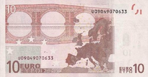 10 € Reverse Image minted in · Euro notes in 2002U (1st Series - Architectural style 