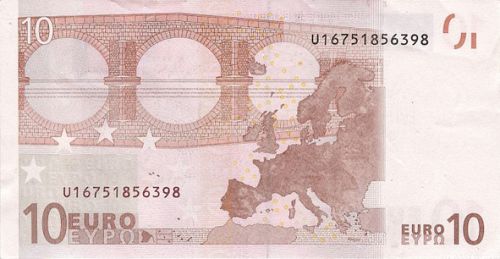 10 € Reverse Image minted in · Euro notes in 2002U (1st Series - Architectural style 