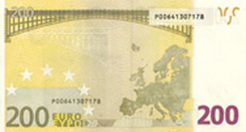 200 € Reverse Image minted in · Euro notes in 2002P (1st Series - Architectural style 