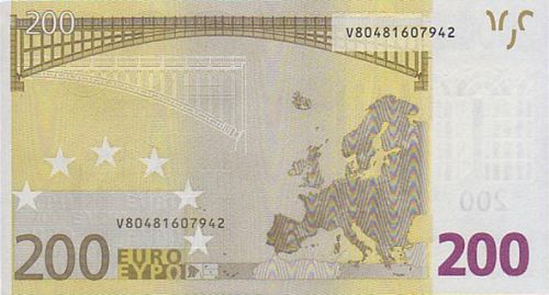 200 € Reverse Image minted in · Euro notes in 2002V (1st Series - Architectural style 