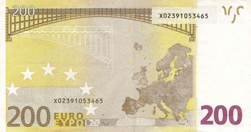 200 € Reverse Image minted in · Euro notes in 2002X (1st Series - Architectural style 