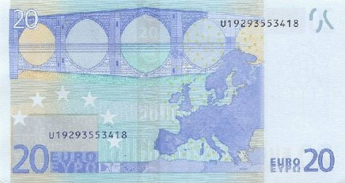 20 € Reverse Image minted in · Euro notes in 2002U (1st Series - Architectural style 