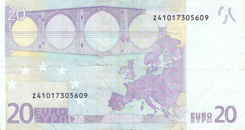 20 € Reverse Image minted in · Euro notes in 2002Z (1st Series - Architectural style 
