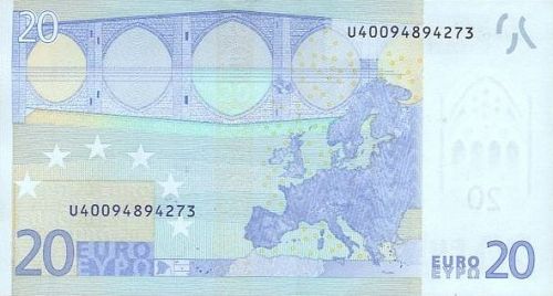 20 € Reverse Image minted in · Euro notes in 2002E (1st Series - Architectural style 