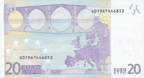 20 € Reverse Image minted in · Euro notes in 2002G (1st Series - Architectural style 