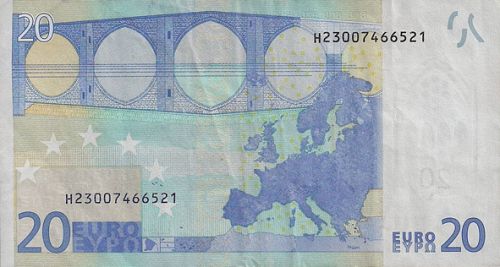 20 € Reverse Image minted in · Euro notes in 2002H (1st Series - Architectural style 