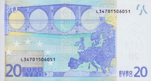 20 € Reverse Image minted in · Euro notes in 2002L (1st Series - Architectural style 