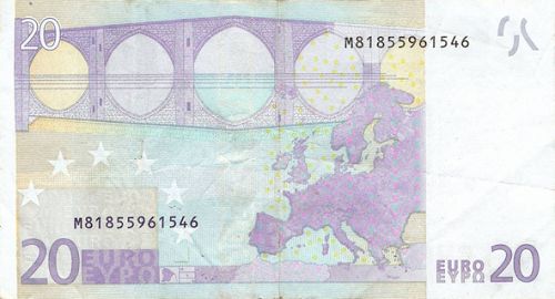 20 € Reverse Image minted in · Euro notes in 2002M (1st Series - Architectural style 