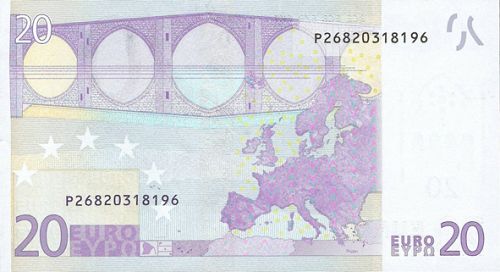 20 € Reverse Image minted in · Euro notes in 2002P (1st Series - Architectural style 