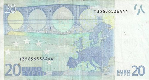 20 € Reverse Image minted in · Euro notes in 2002T (1st Series - Architectural style 