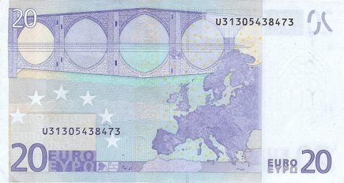 20 € Reverse Image minted in · Euro notes in 2002U (1st Series - Architectural style 