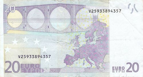 20 € Reverse Image minted in · Euro notes in 2002V (1st Series - Architectural style 