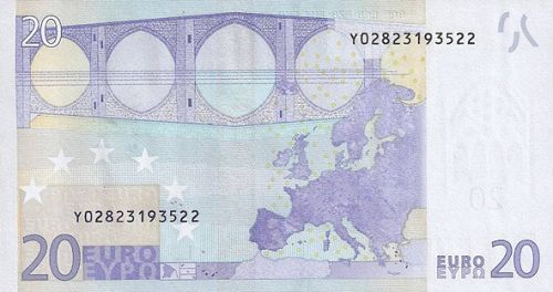 20 € Reverse Image minted in · Euro notes in 2002Y (1st Series - Architectural style 