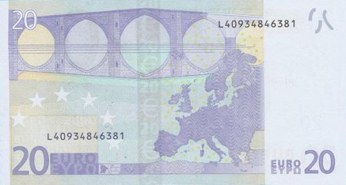20 € Reverse Image minted in · Euro notes in 2002L (1st Series - Architectural style 