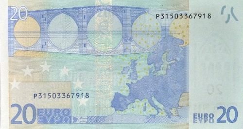 20 € Reverse Image minted in · Euro notes in 2002P (1st Series - Architectural style 