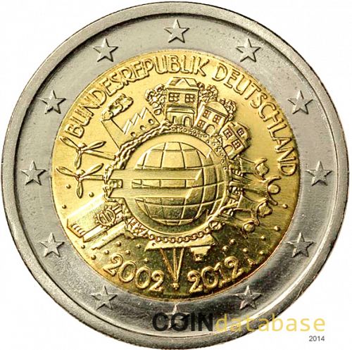 2 € Obverse Image minted in GERMANY in 2012A (10th anniversary of euro banknotes and coins)  - The Coin Database
